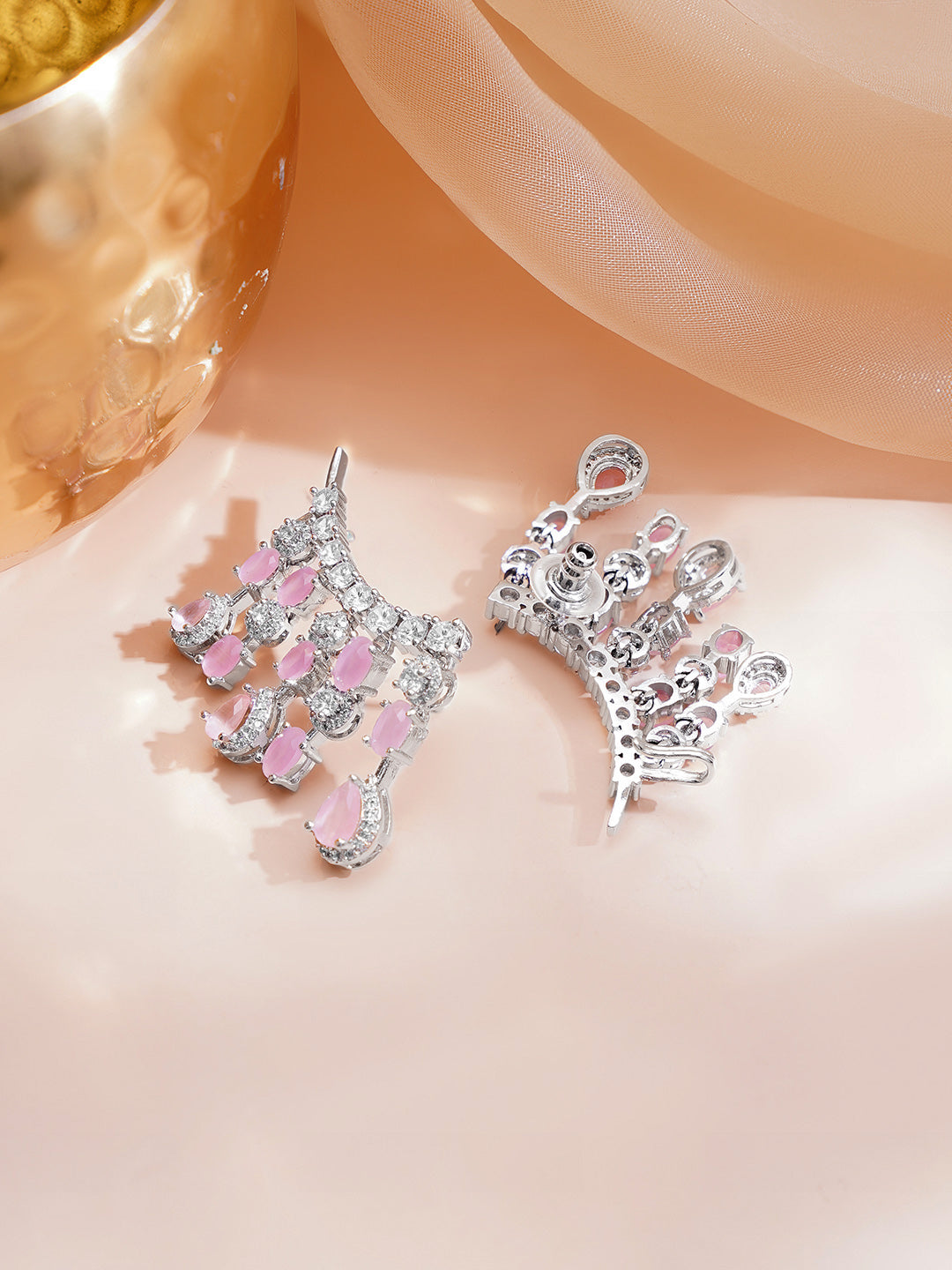 【Rubans】 Rhodium Plated Teardrop American Diamond Zirconia Pink Ear Cuffs｜ロジウムメッキ ティアドロップ アメリカンダイヤモンド ピンク イヤカフ