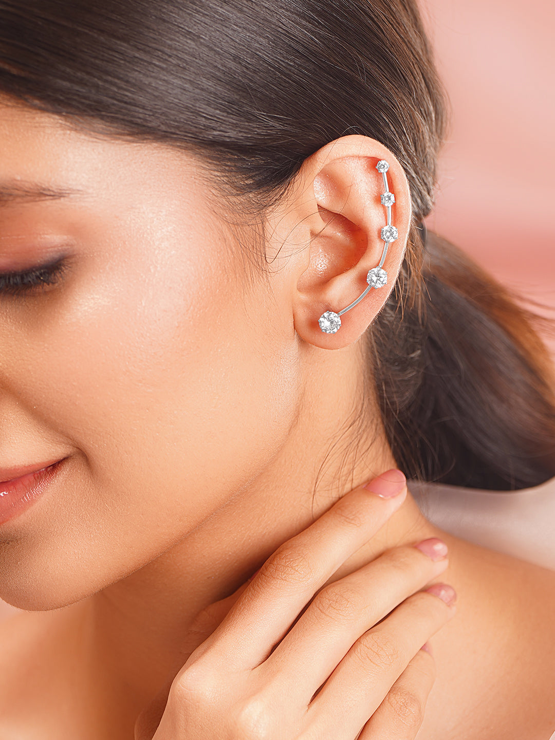 【Rubans】 Rhodium Plated American Diamond Zirconia Ear Cuffs｜ロジウムメッキ アメリカンダイヤモンド ジルコニア イヤカフ（長さ 5.5 cm）