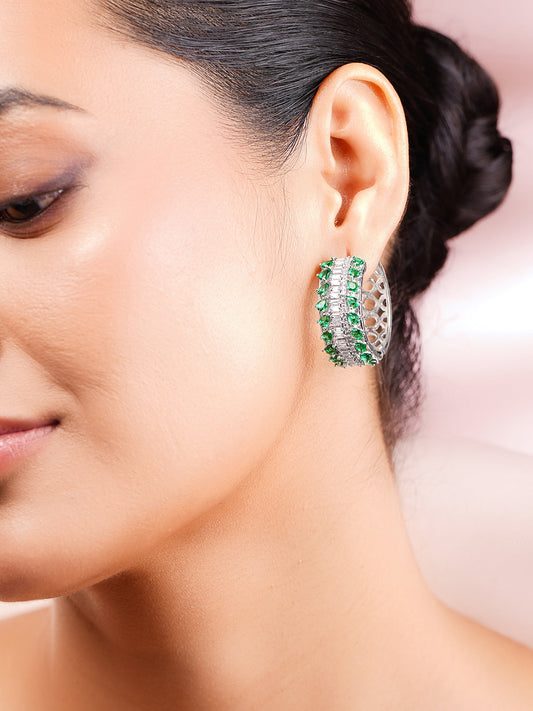 【Rubans】 Rhodium Plated American Diamond Zirconia Green Hoop Earrings｜ロジウムメッキ アメリカンダイヤモンド グリーン フープイヤリング