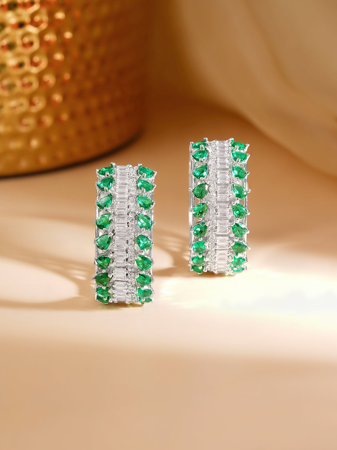 【Rubans】 Rhodium Plated American Diamond Zirconia Green Hoop Earrings｜ロジウムメッキ アメリカンダイヤモンド グリーン フープイヤリング