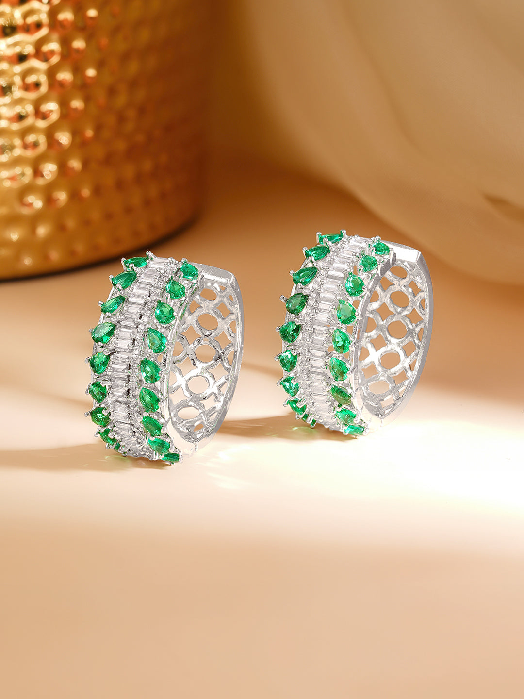 【Rubans】 Rhodium Plated American Diamond Zirconia Green Hoop Earrings｜ロジウムメッキ アメリカンダイヤモンド グリーン フープイヤリング