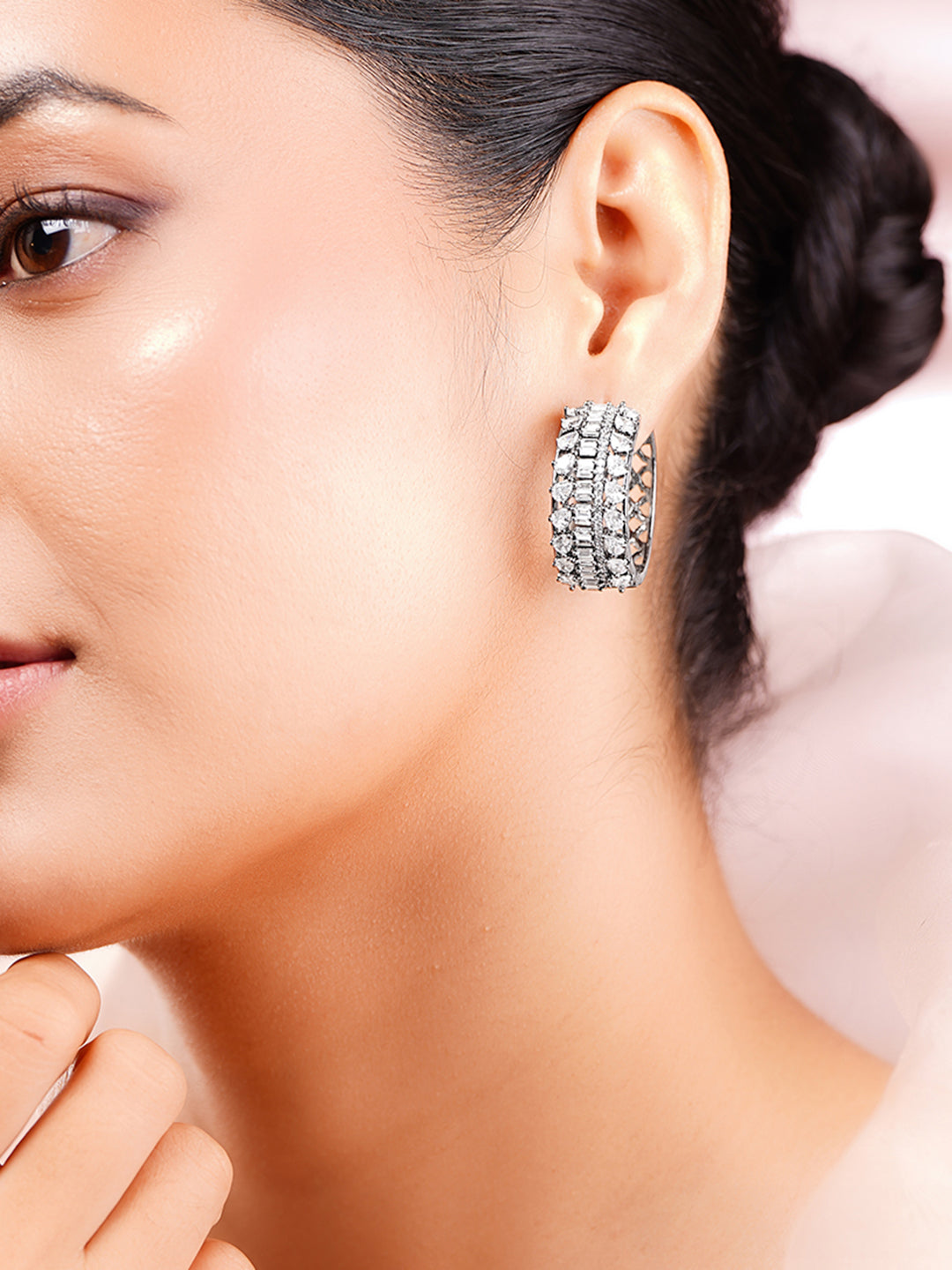 【Rubans】 Rhodium Plated American Diamond Zirconia Hoop Earrings｜ロジウムメッキ アメリカンダイヤモンド フープイヤリング