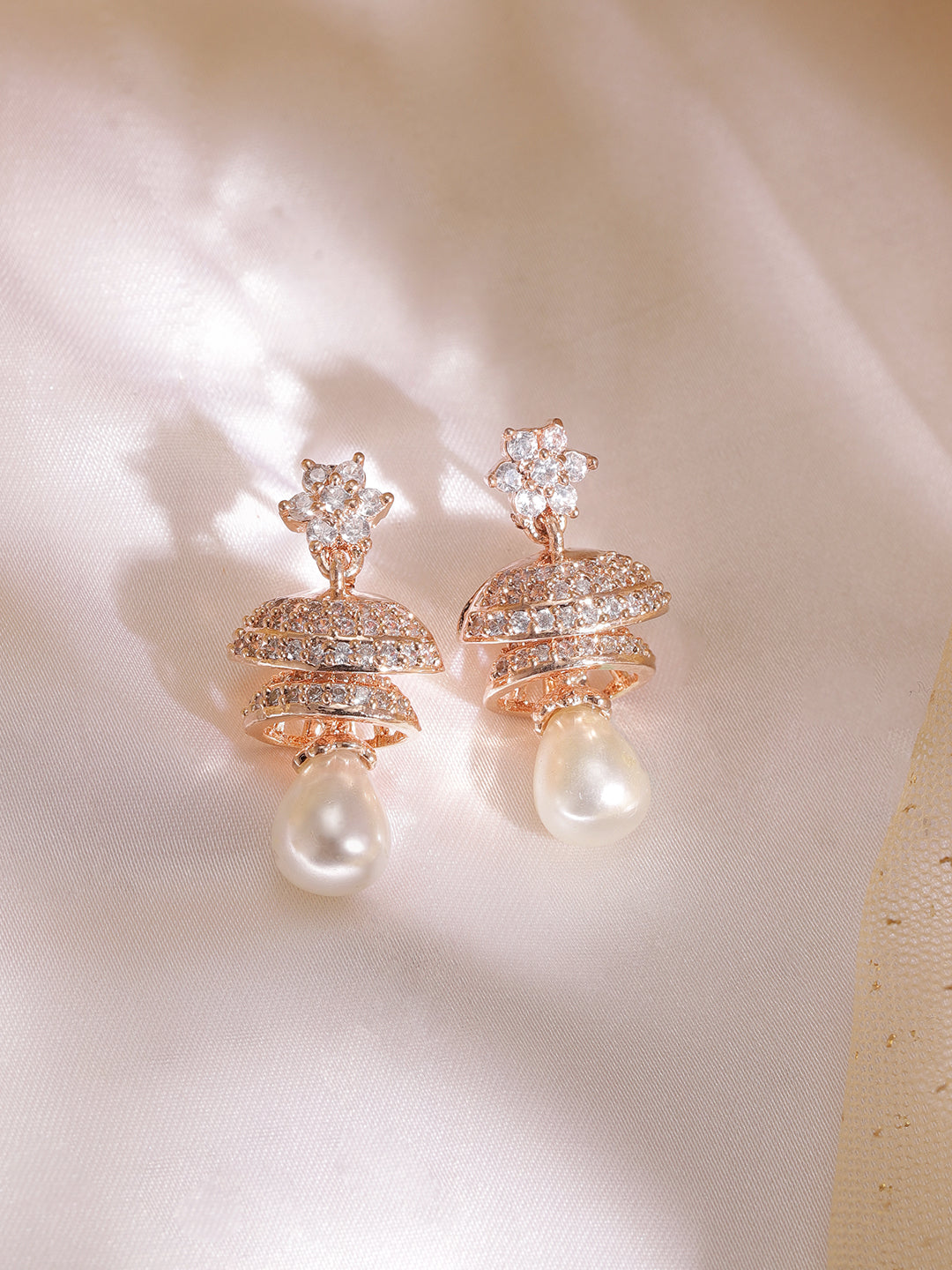 Stunning Chic Zirconia & Pearl Jhumka Rose Gold