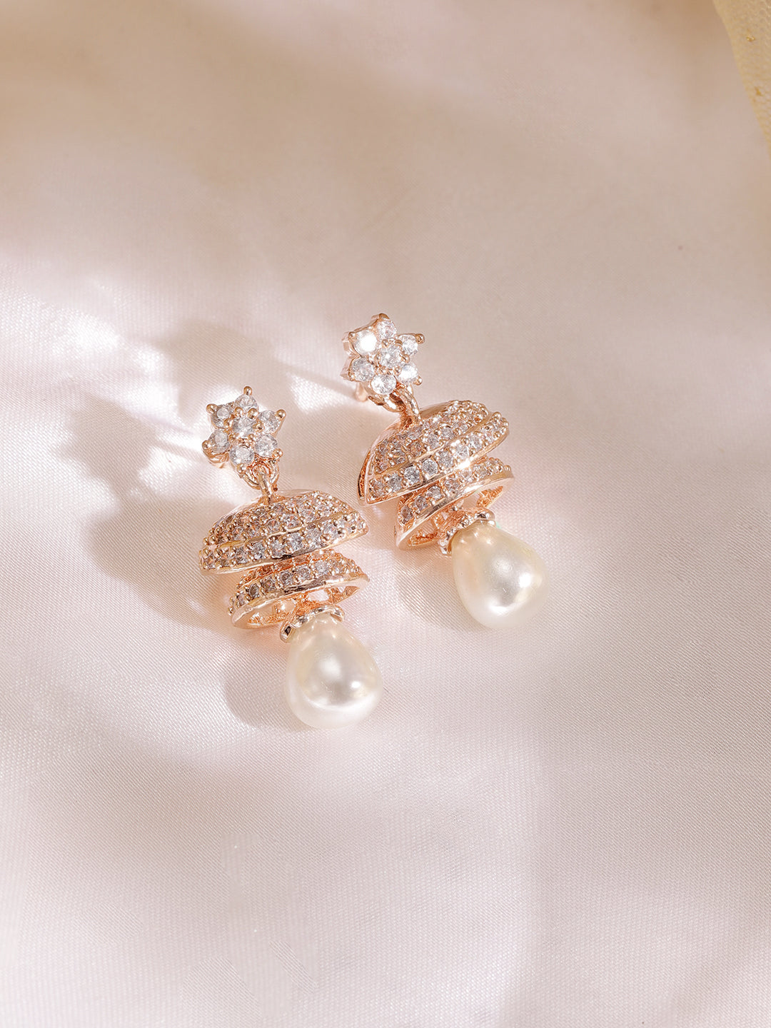 Stunning Chic Zirconia & Pearl Jhumka Rose Gold