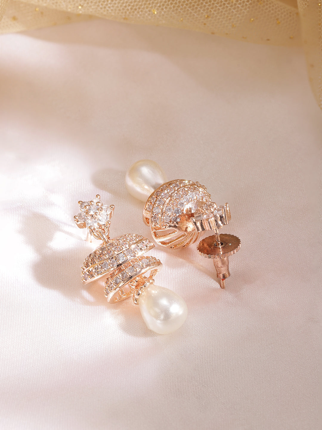 Stunning Chic Zirconia & Pearl Jhumka Rose Gold