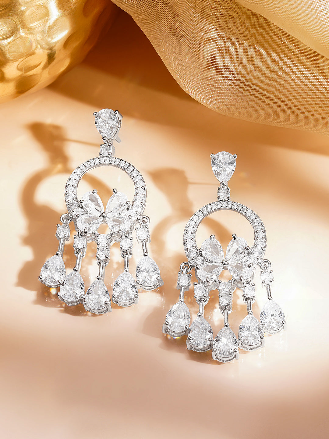 Zirconia Floral Cascade Dangler Earrings フリーサイズ