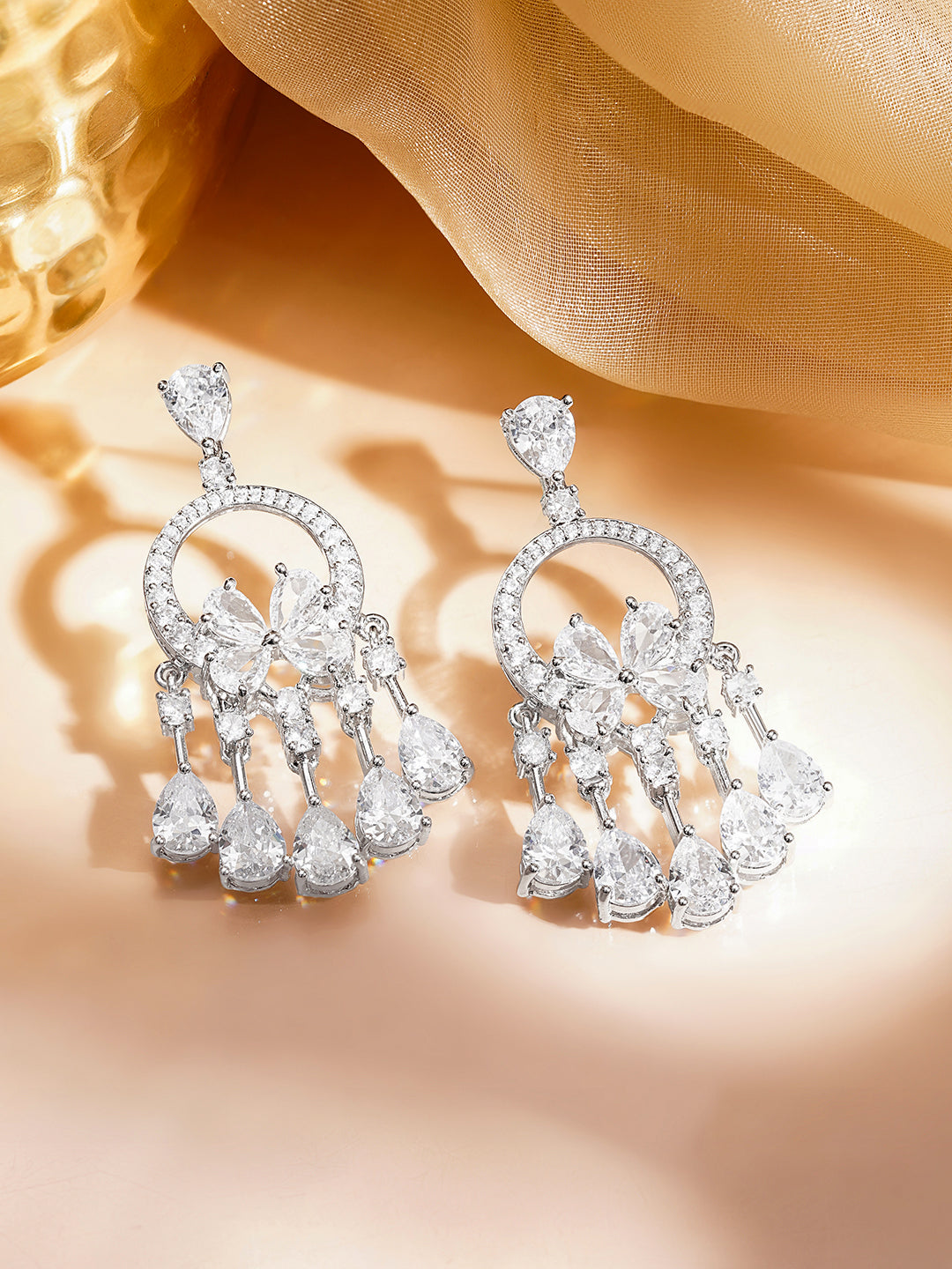 Zirconia Floral Cascade Dangler Earrings フリーサイズ