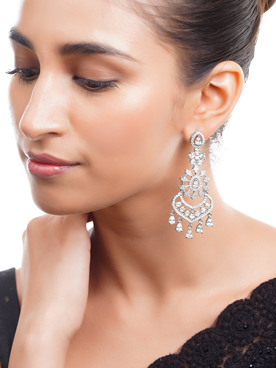 【Rubans】 Rhodium Plated American Diamond Dangler Earrings｜ロジウムメッキ アメリカンダイヤモンド ダングラー イヤリング