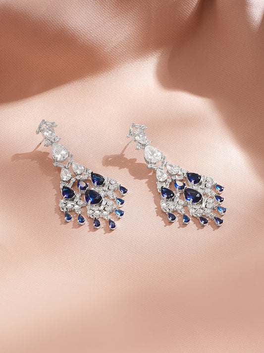【Rubans】 Rhodium Plated Teardrop American Diamond Zirconia Blue & Silver Dangler Earrings｜ロジウムメッキ ティアドロップ アメリカンダイヤモンド ブルー＆シルバー ダングラーイヤリング