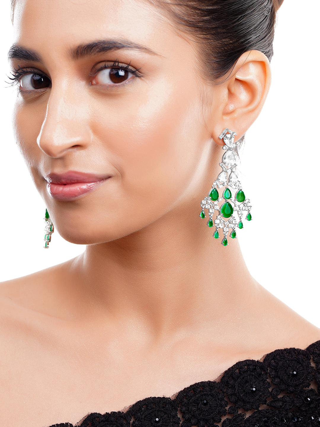 【Rubans】 Rhodium Plated Teardrop American Diamond Zirconia Green & Silver Dangler Earrings｜ロジウムメッキ ティアドロップ アメリカンダイヤモンド グリーン＆シルバー ダングラーイヤリング