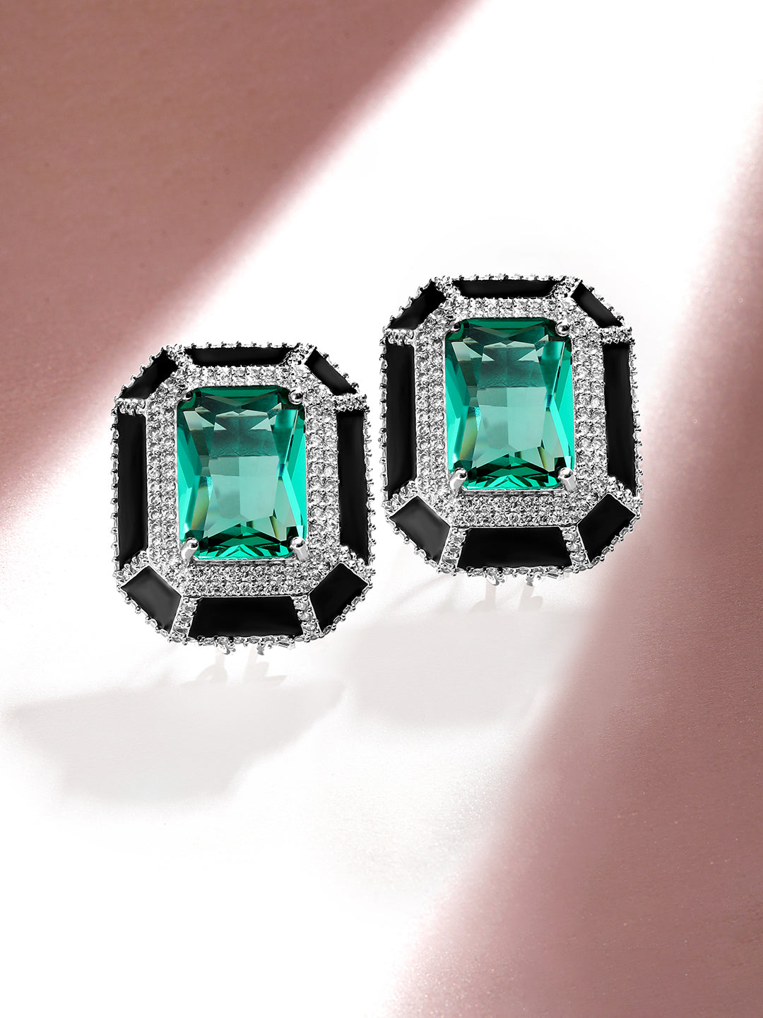 【Rubans】 Premium Rhodium Plated Black Enamel AAA Cubic Zirconia Aqua Blue Statement Stud Earrings｜プレミアム ロジウムメッキ ブラックエナメル アクアブルー ジルコニア スタッドイヤリング