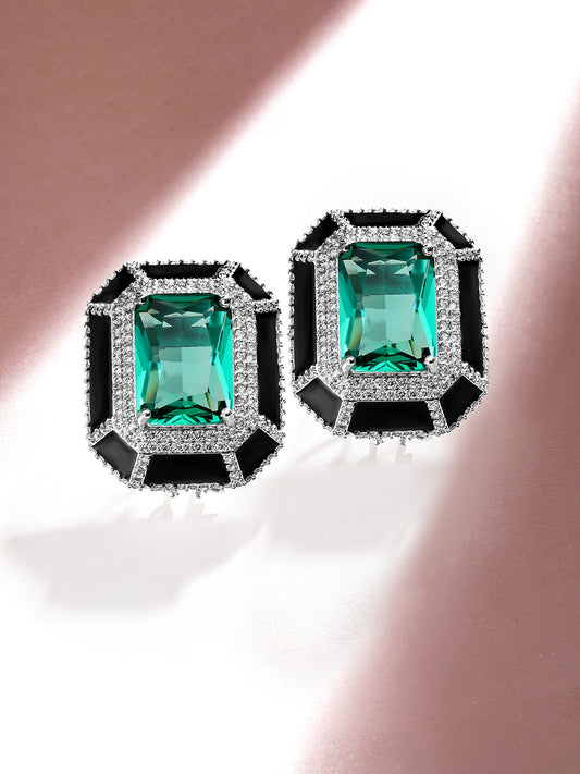 【Rubans】 Premium Rhodium Plated Black Enamel AAA Cubic Zirconia Aqua Blue Statement Stud Earrings｜プレミアム ロジウムメッキ ブラックエナメル アクアブルー ジルコニア スタッドイヤリング