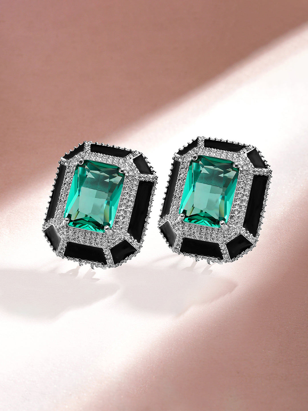 【Rubans】 Premium Rhodium Plated Black Enamel AAA Cubic Zirconia Aqua Blue Statement Stud Earrings｜プレミアム ロジウムメッキ ブラックエナメル アクアブルー ジルコニア スタッドイヤリング