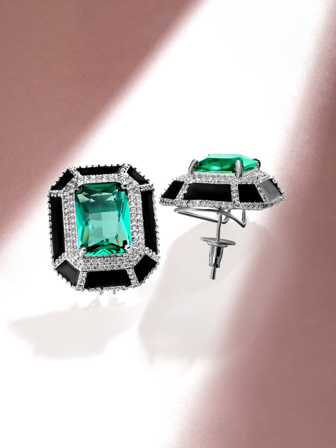 【Rubans】 Premium Rhodium Plated Black Enamel AAA Cubic Zirconia Aqua Blue Statement Stud Earrings｜プレミアム ロジウムメッキ ブラックエナメル アクアブルー ジルコニア スタッドイヤリング