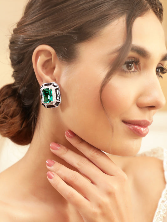 【Rubans】 Premium Rhodium Plated Black Enamel AAA Cubic Zirconia Aqua Blue Statement Stud Earrings｜プレミアム ロジウムメッキ ブラックエナメル アクアブルー ジルコニア スタッドイヤリング
