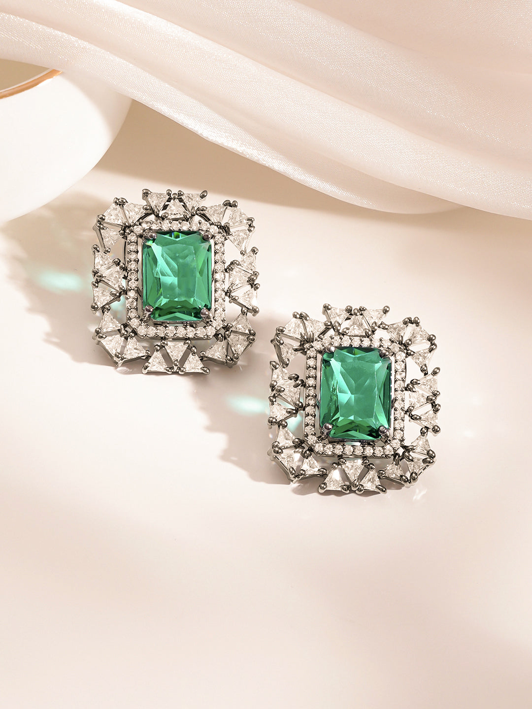 Emerald Glow Statement Stud Earrings Length - 3.4 cm