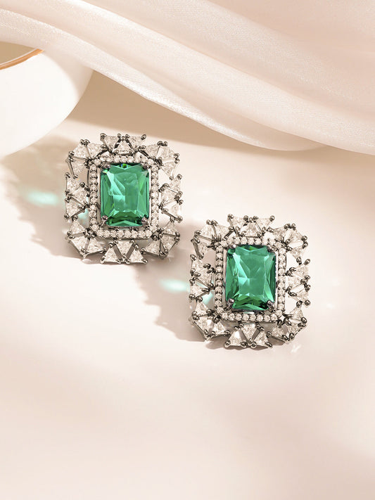 Emerald Glow Statement Stud Earrings Length - 3.4 cm