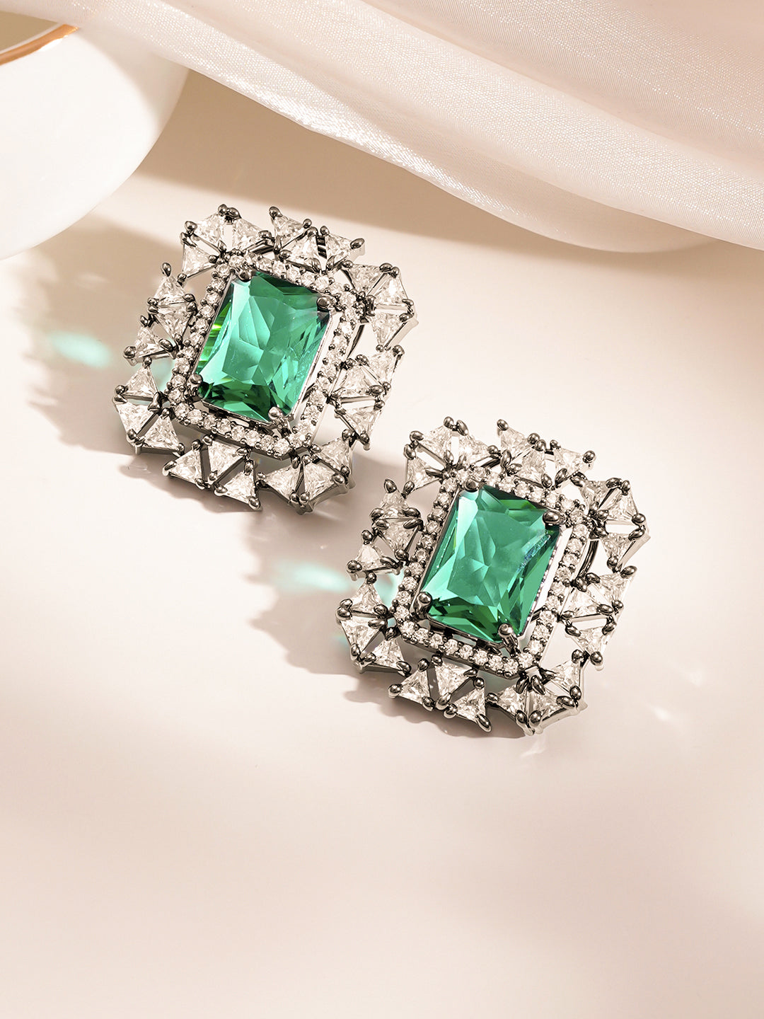 Emerald Glow Statement Stud Earrings Length - 3.4 cm