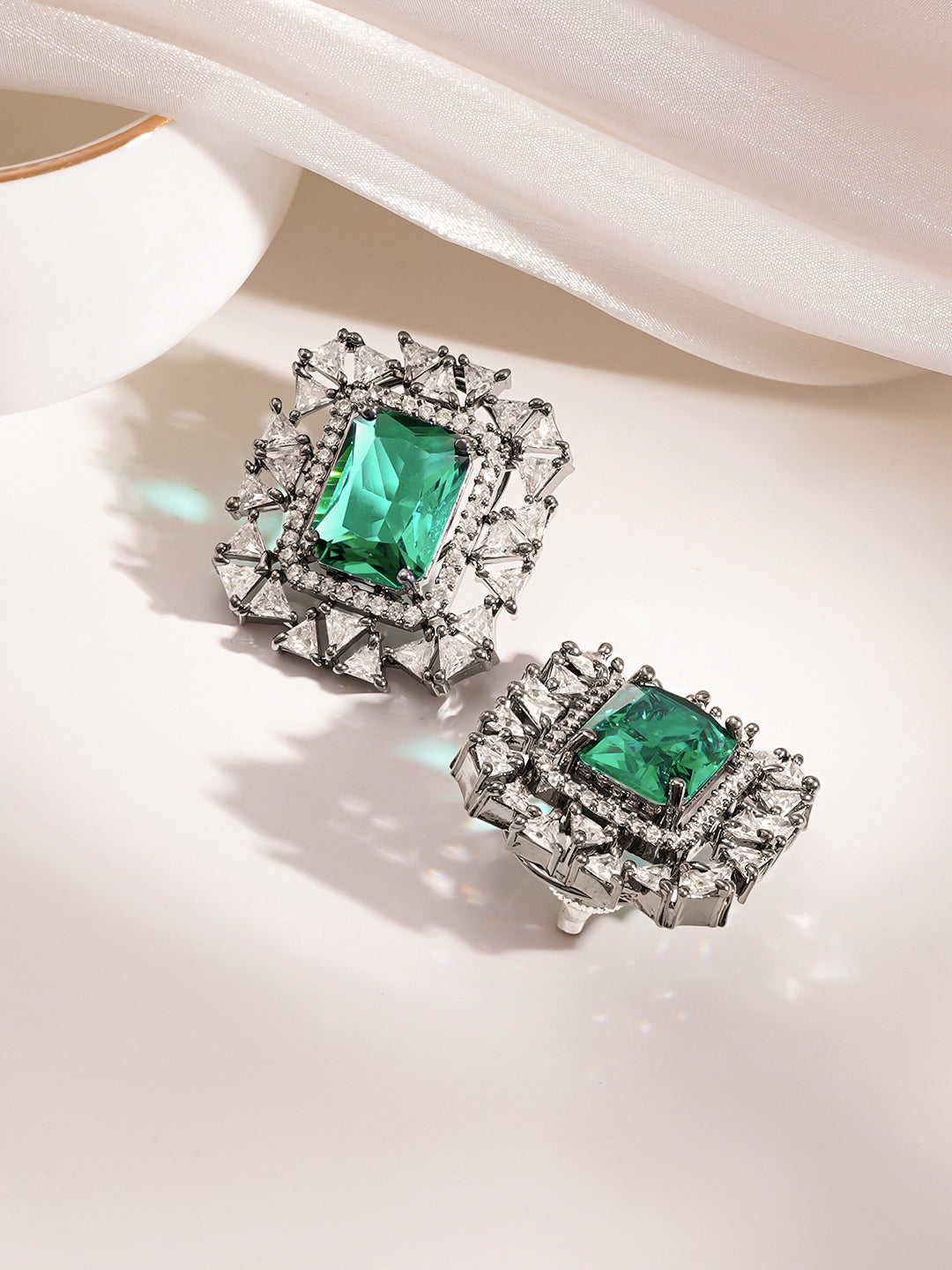 Emerald Glow Statement Stud Earrings Length - 3.4 cm