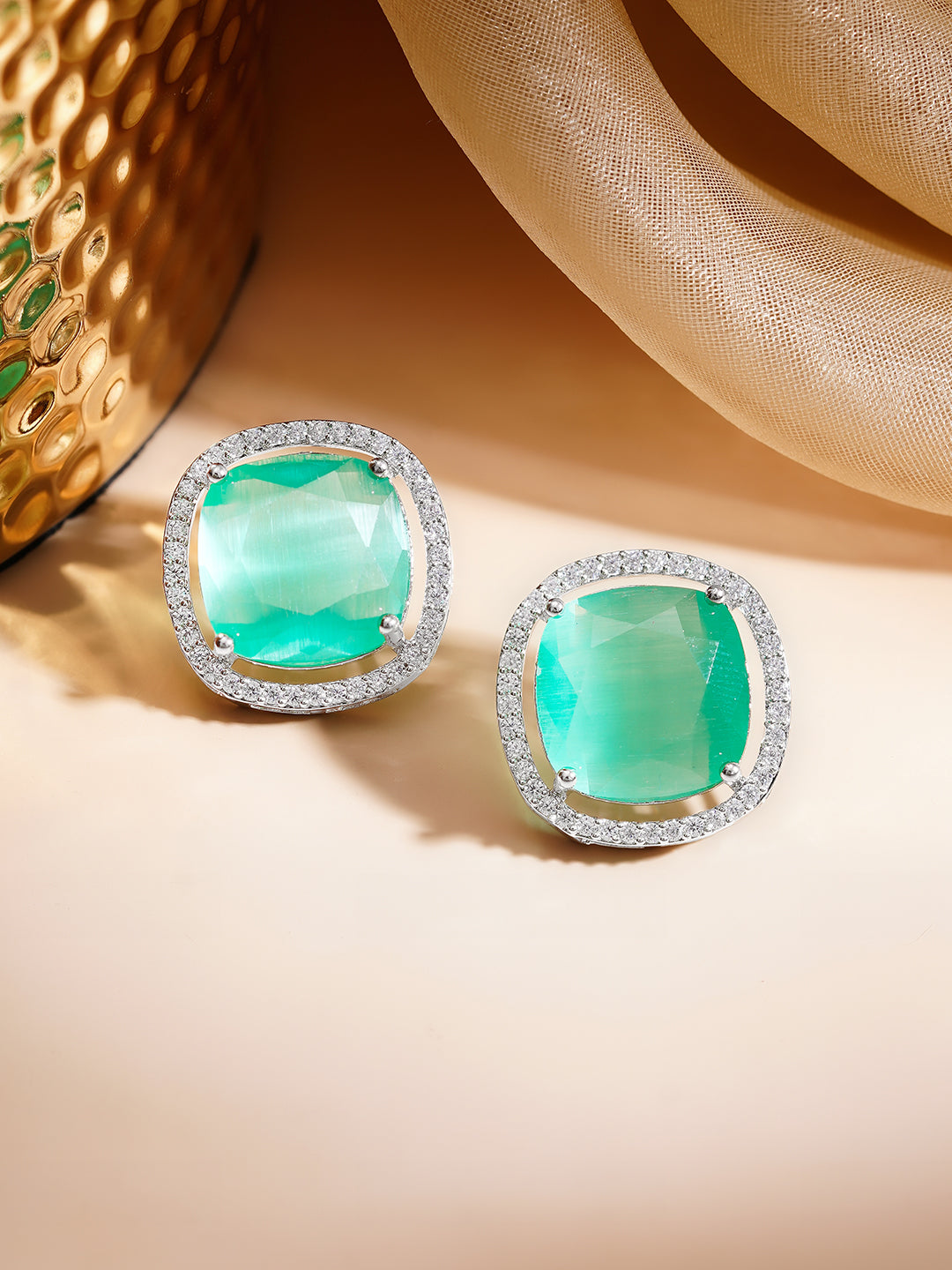 【Rubans】 Rhodium Plated American Diamond Zirconia Emerald Studs｜ロジウムメッキ アメリカンダイヤモンド エメラルドカラー スタッドイヤリング