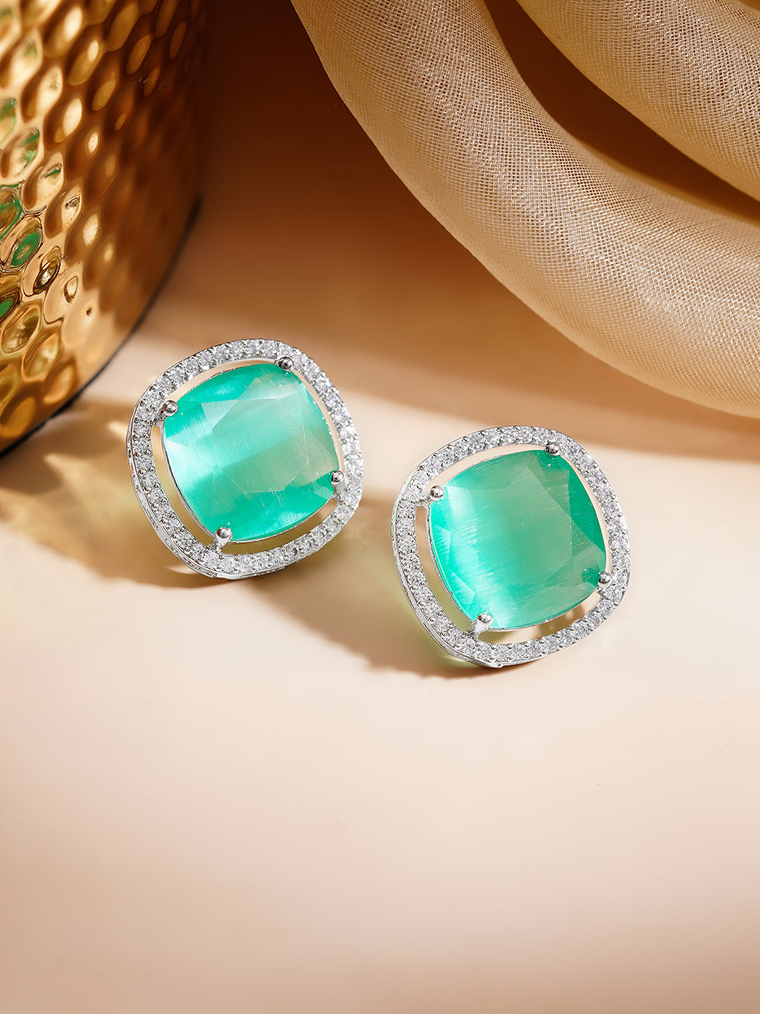 【Rubans】 Rhodium Plated American Diamond Zirconia Emerald Studs｜ロジウムメッキ アメリカンダイヤモンド エメラルドカラー スタッドイヤリング