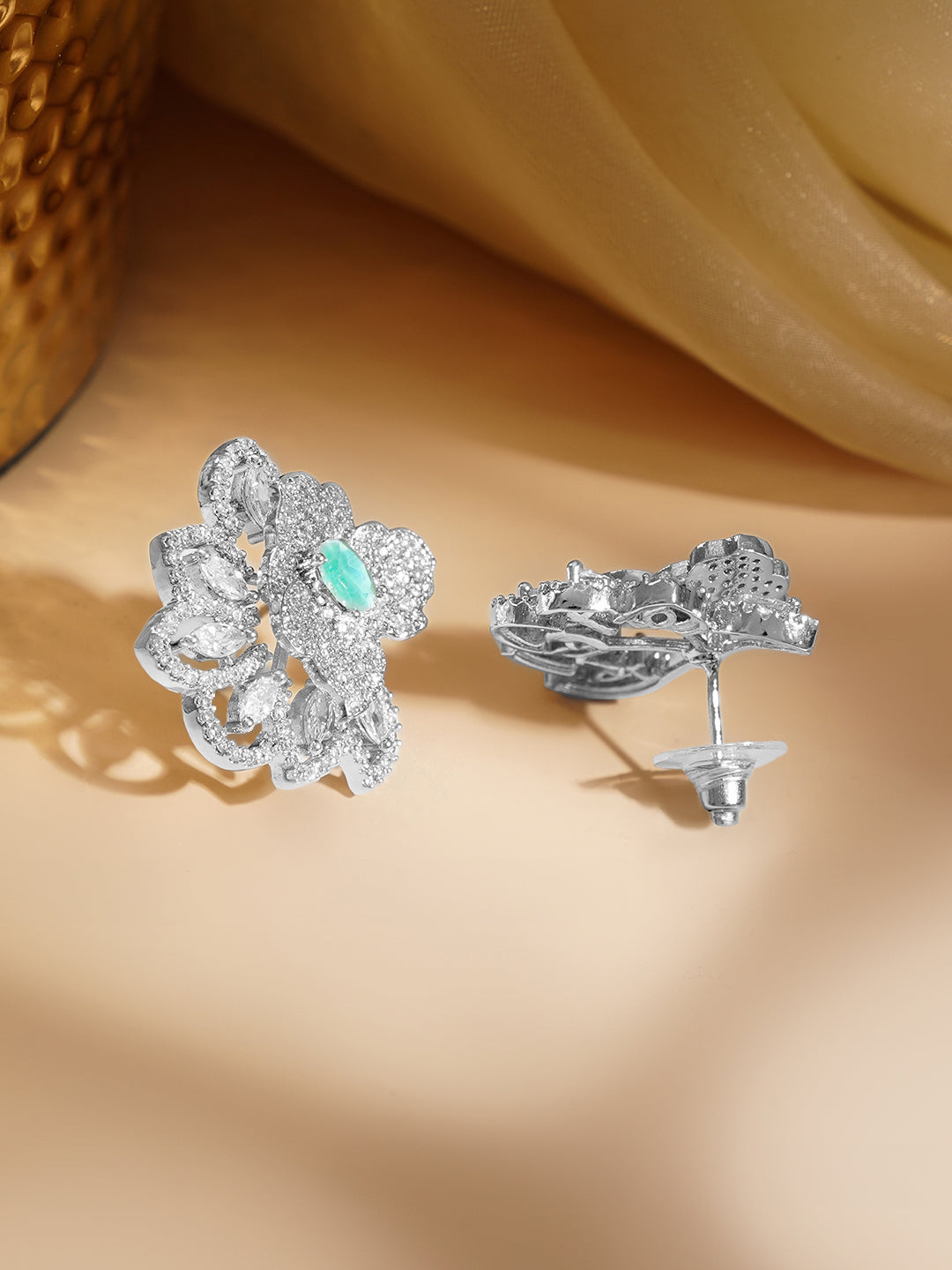 【Rubans】 Rhodium Plated Floral American Diamond Zirconia Stud Earrings｜ロジウムメッキ フローラル アメリカンダイヤモンド ジルコニア スタッドイヤリング