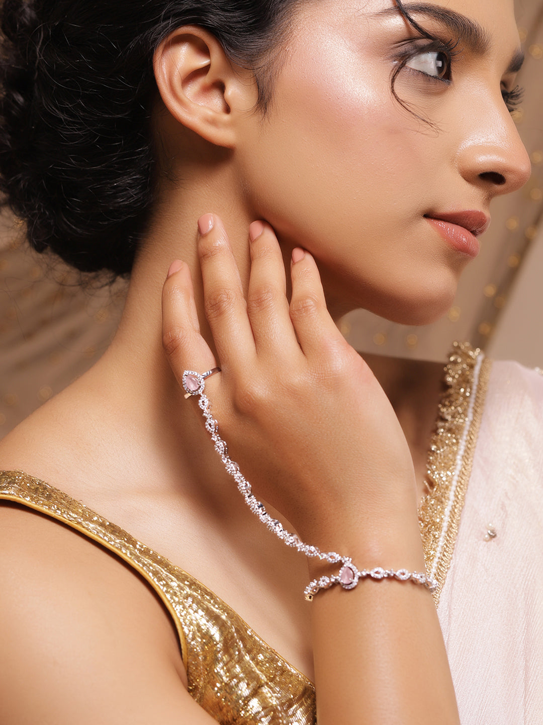 Pink American Diamond Zirconia Harness Bracelet With Ring フリーサイズ