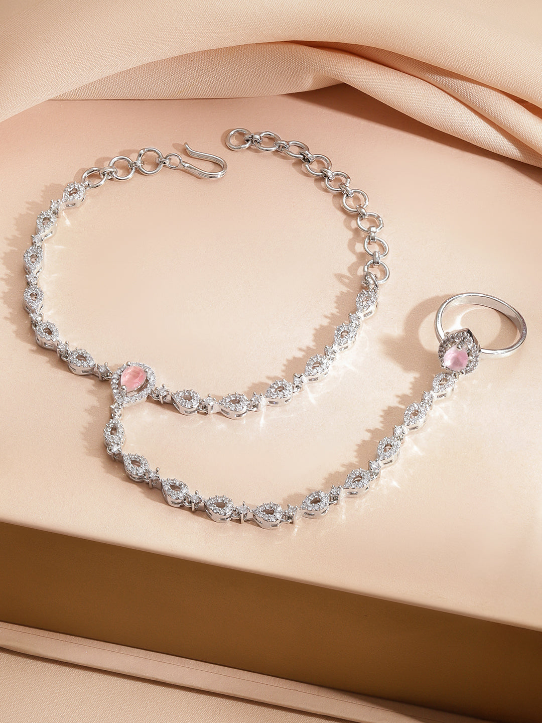 Pink American Diamond Zirconia Harness Bracelet With Ring フリーサイズ