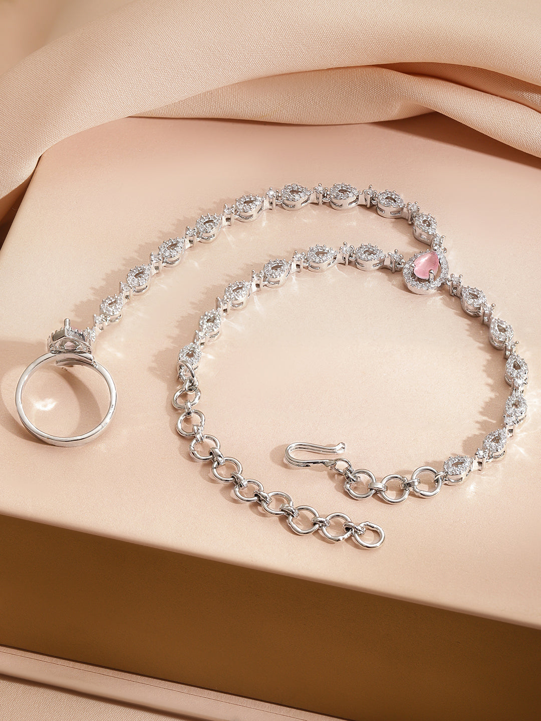 Pink American Diamond Zirconia Harness Bracelet With Ring フリーサイズ