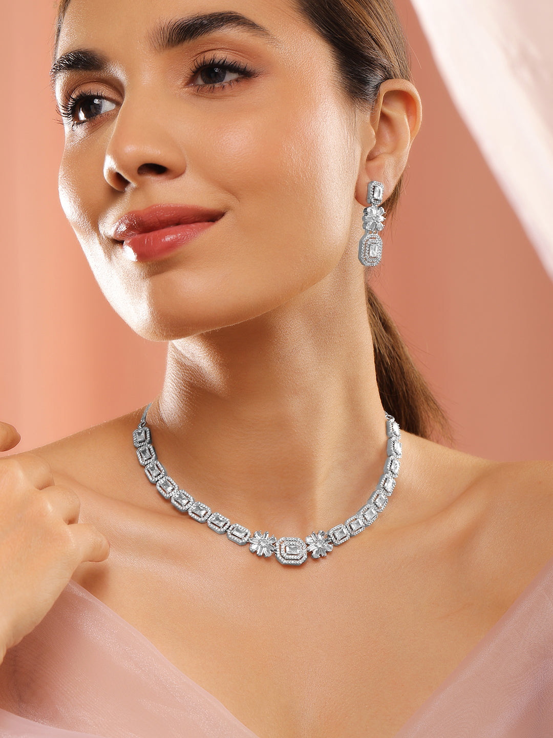 Rubans Rhodium Plated White Cubic Zirconia Stone Studded Floral Classic Jewellery Set Silver