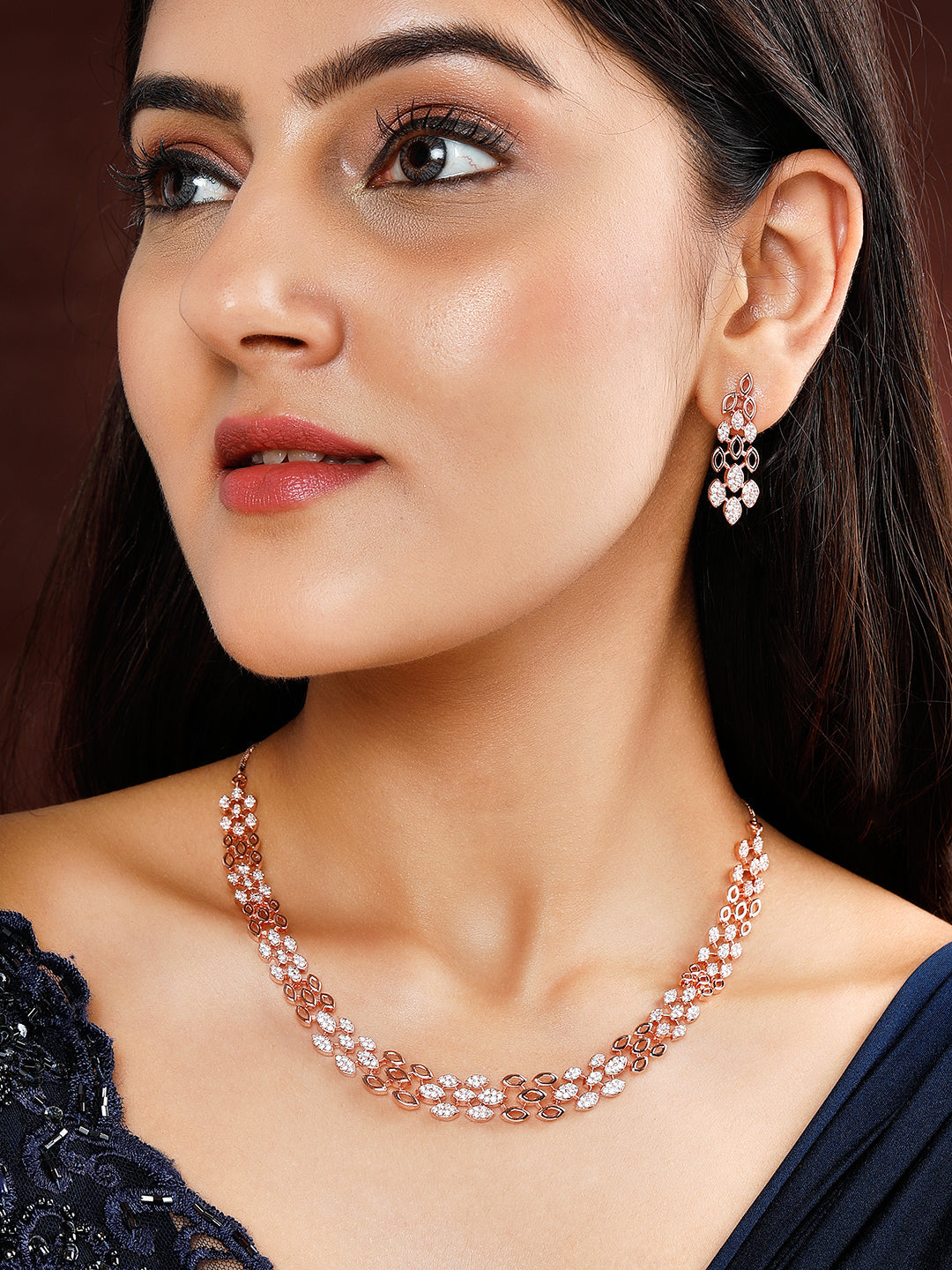 Rubans Rose Gold Plated Zirconia Stone Studded Handcrafted Necklace Set. Rose Gold