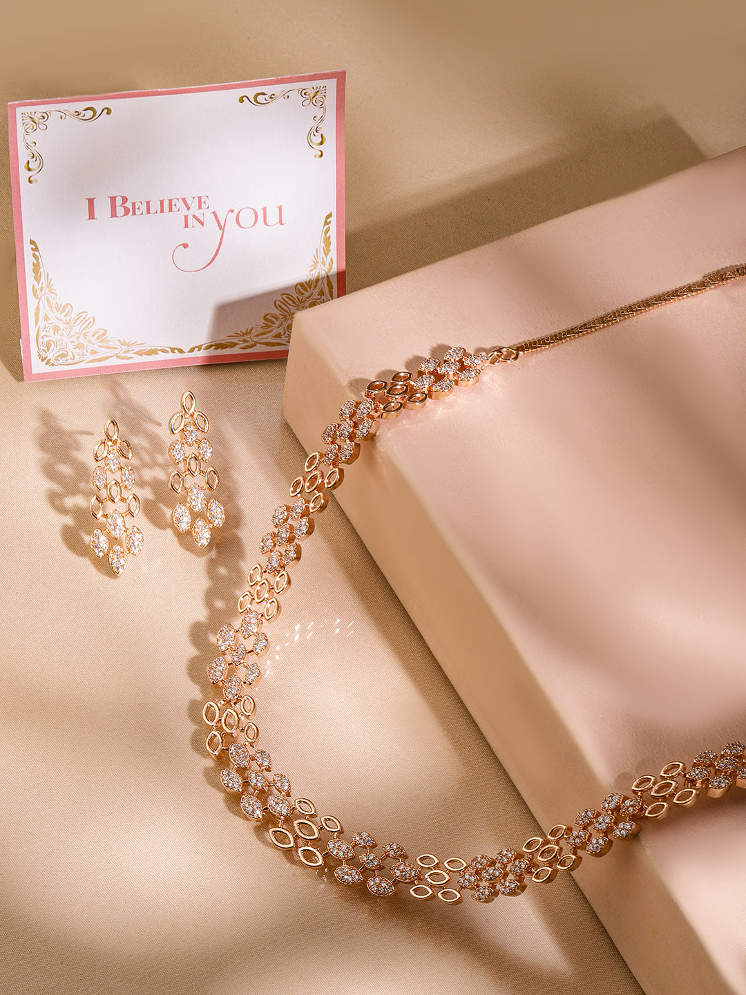 Rubans Rose Gold Plated Zirconia Stone Studded Handcrafted Necklace Set. Rose Gold
