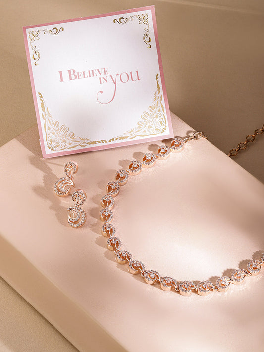 Rubans Rose Gold Plated Zirconia Stone Studded Handcrafted Necklace Set. Rose Gold