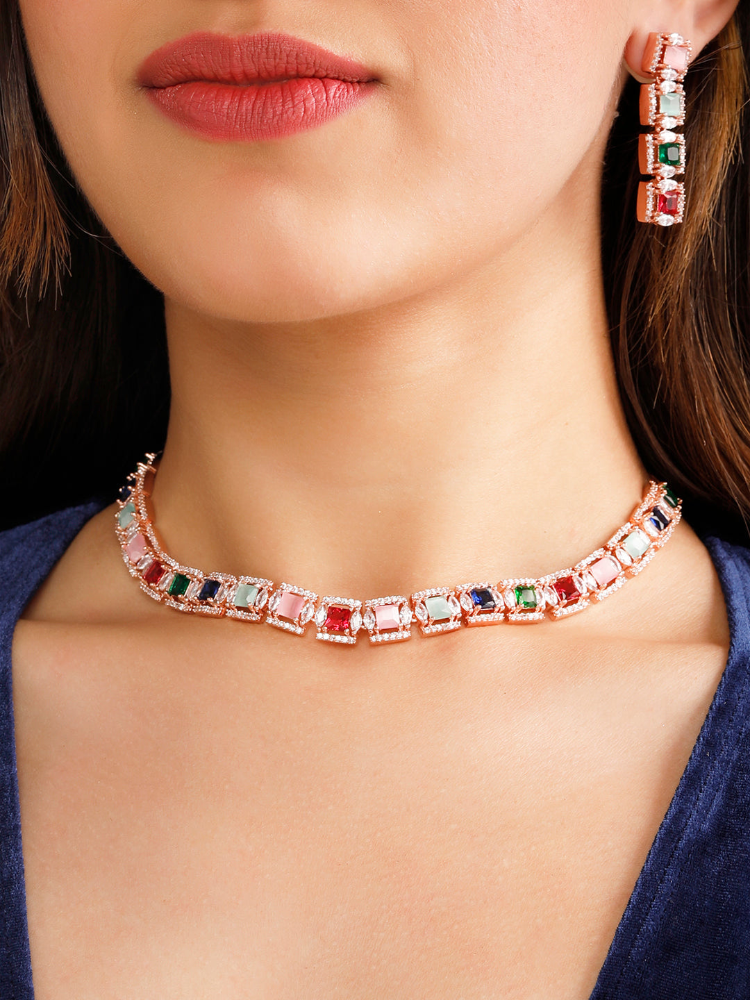 Rubans Rose Gold Plated Multicolour Zirconia Stone Studded Handcrafted Necklace Set. フリーサイズ