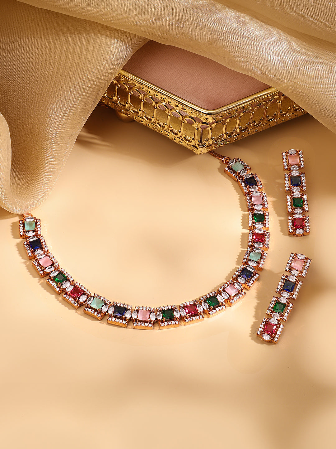 Rubans Rose Gold Plated Multicolour Zirconia Stone Studded Handcrafted Necklace Set. フリーサイズ
