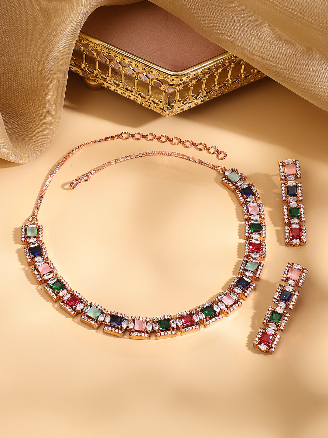 Rubans Rose Gold Plated Multicolour Zirconia Stone Studded Handcrafted Necklace Set. フリーサイズ