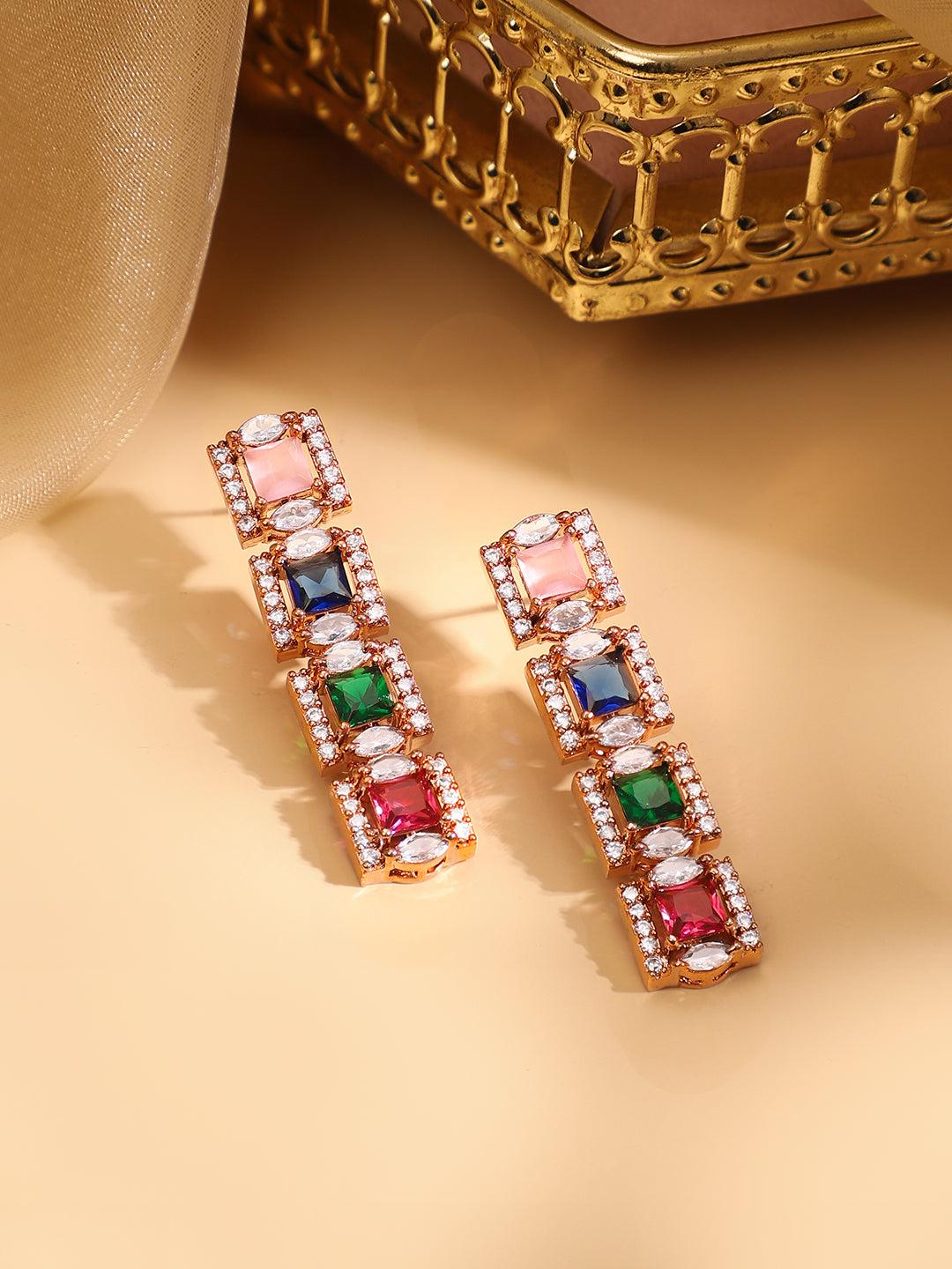 Rubans Rose Gold Plated Multicolour Zirconia Stone Studded Handcrafted Necklace Set. フリーサイズ