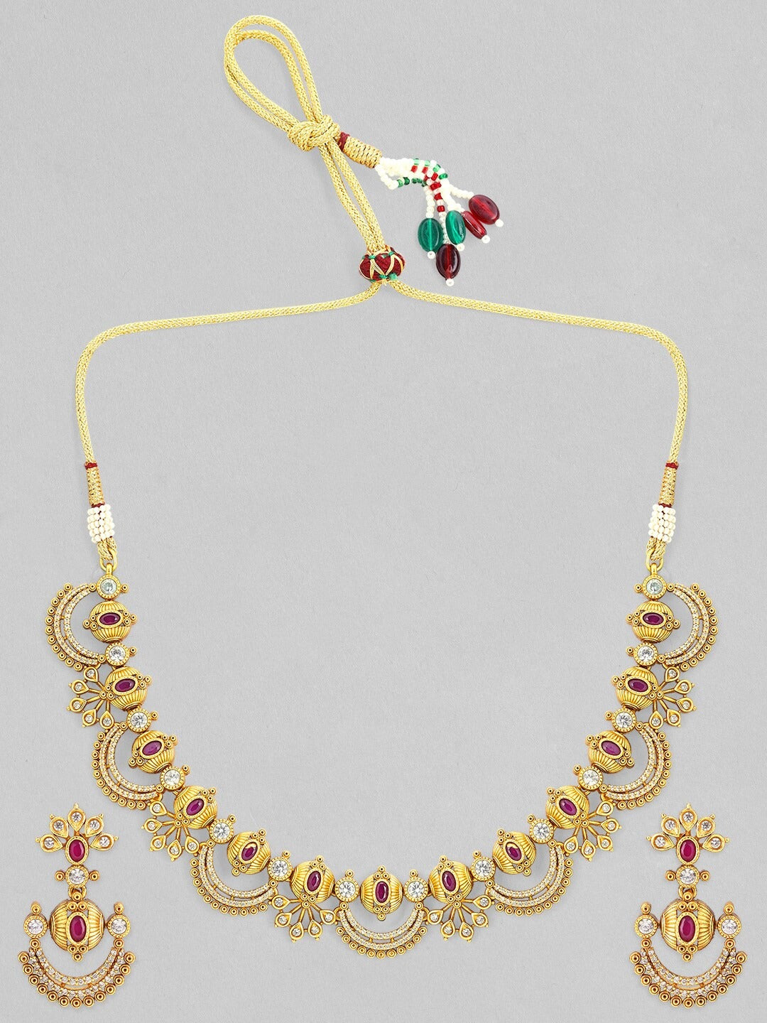 Rubans 24K Gold-Plated Ruby Pink & Cubic Zirconia Studded Temple Necklace Set with Chandbali Earrings Gold