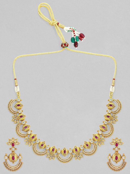 Rubans 24K Gold-Plated Ruby Pink & Cubic Zirconia Studded Temple Necklace Set with Chandbali Earrings Gold