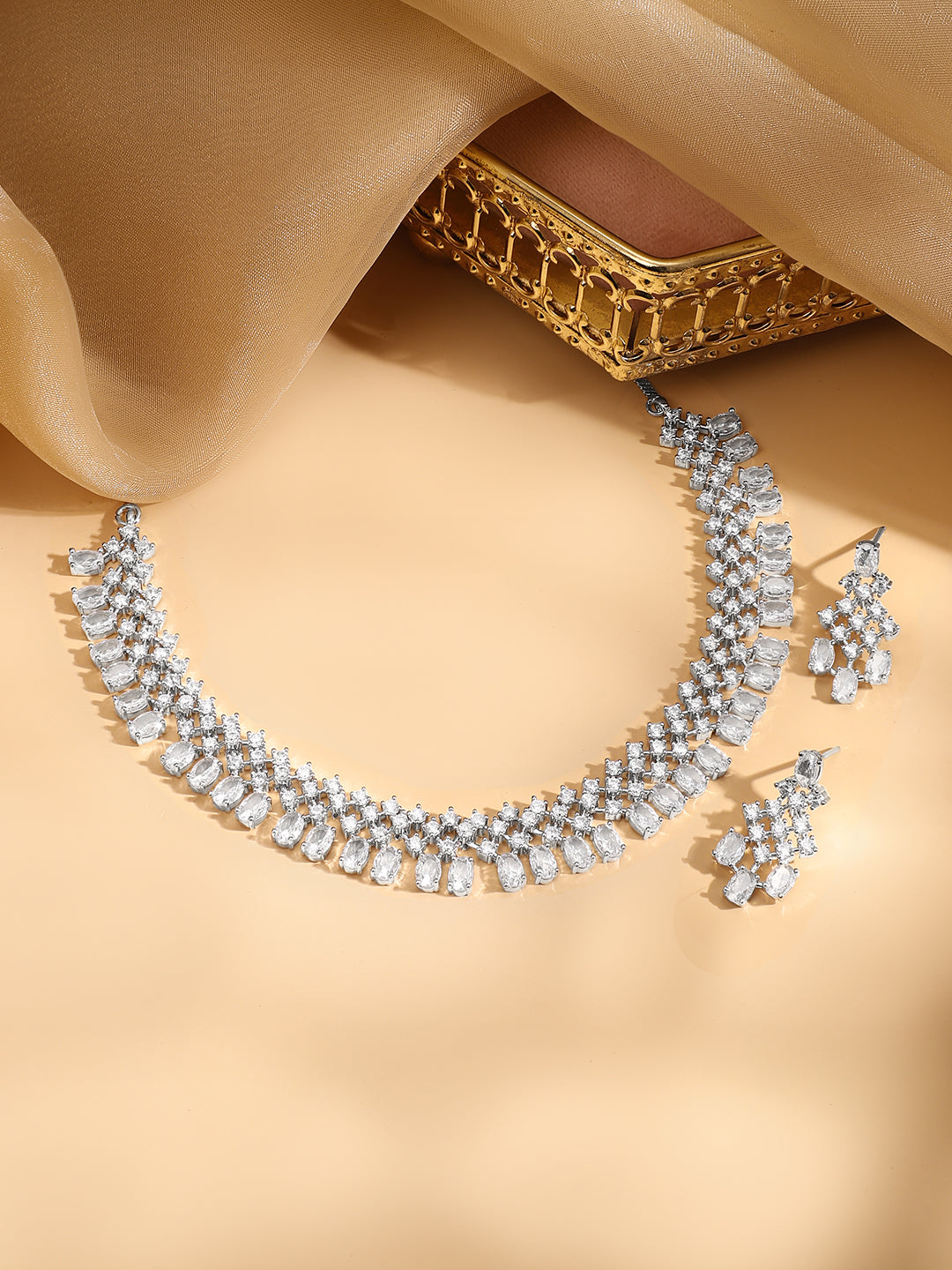 Rubans Rhodium-Plated White Cubic Zirconia Studded Statement Necklace Set フリーサイズ