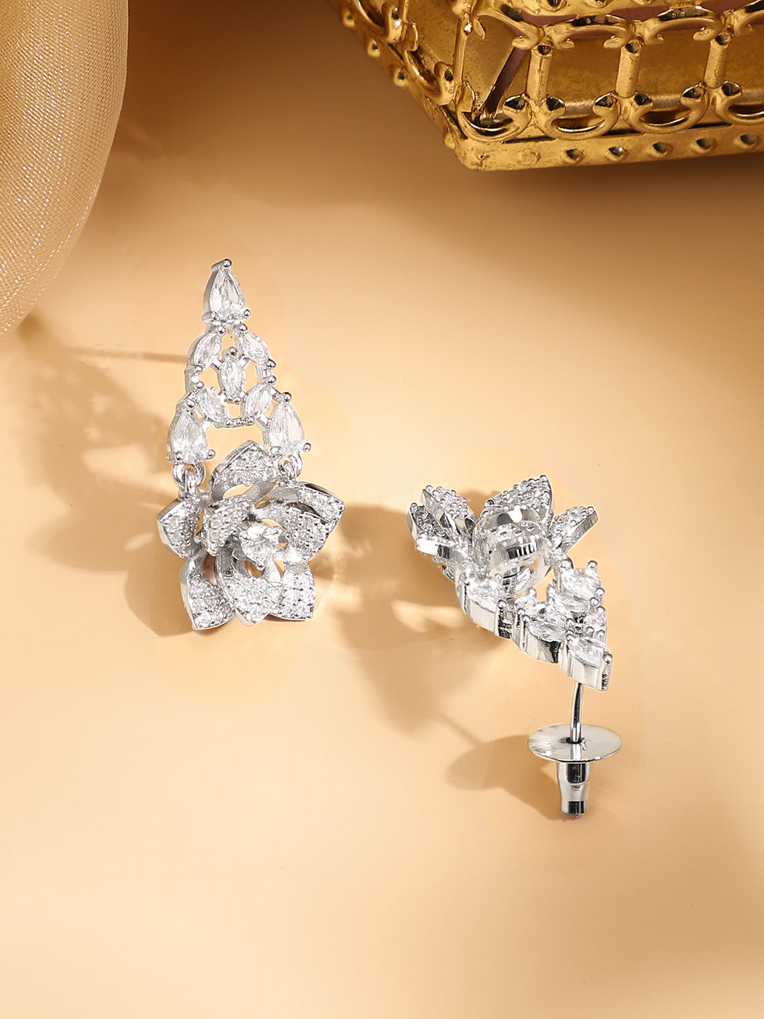 American Diamond Zirconia Floral Motif Necklace Set フリーサイズ