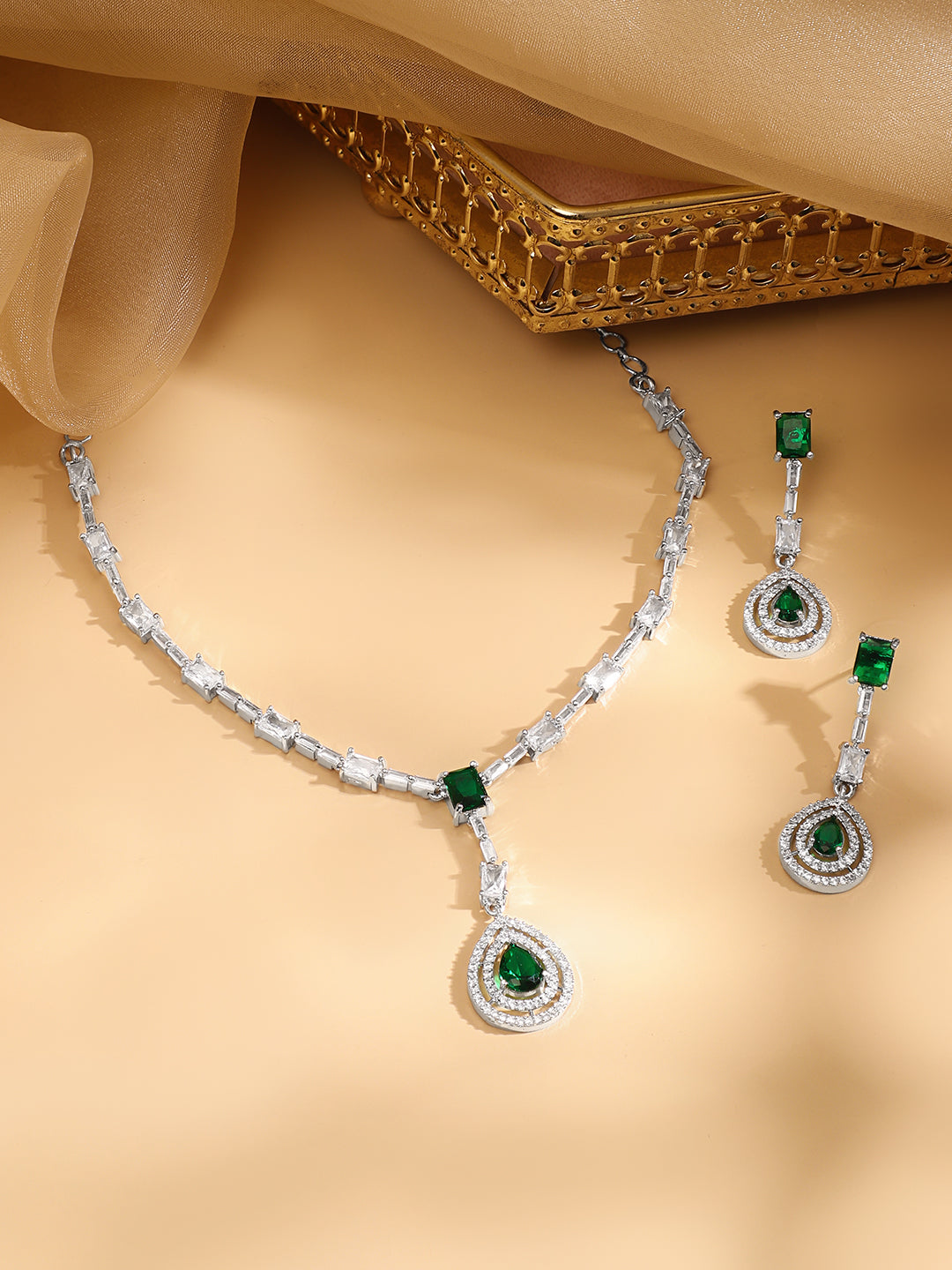 American Diamond Zirconia Studded Teardrop Necklace Set Green