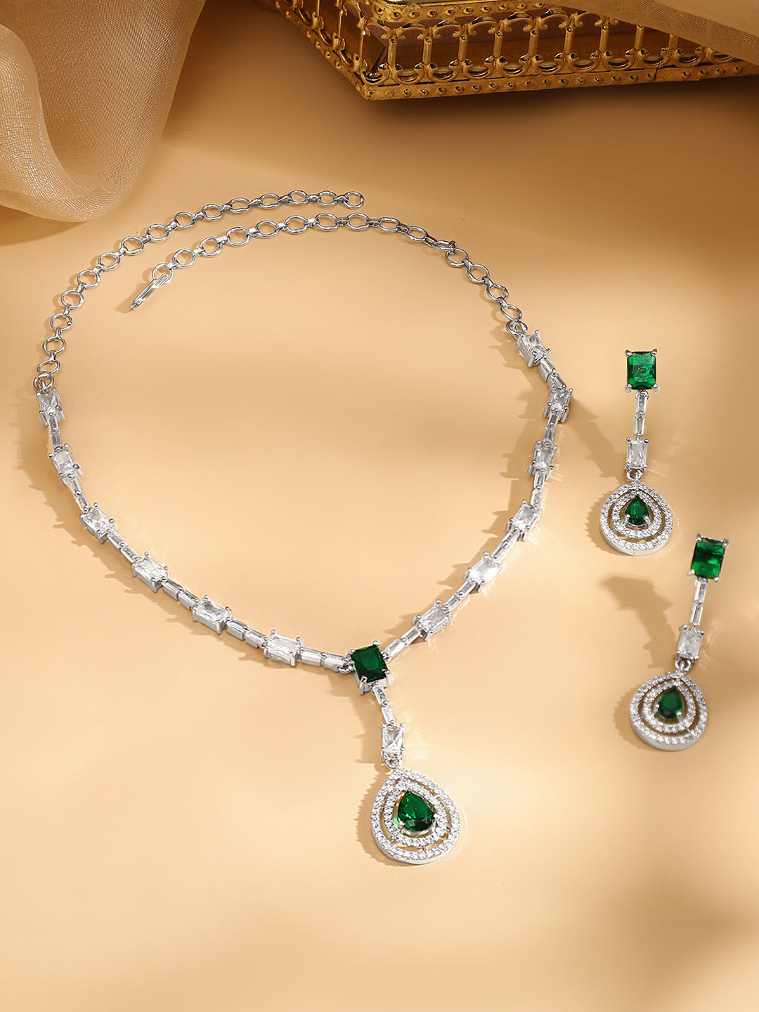 American Diamond Zirconia Studded Teardrop Necklace Set Green