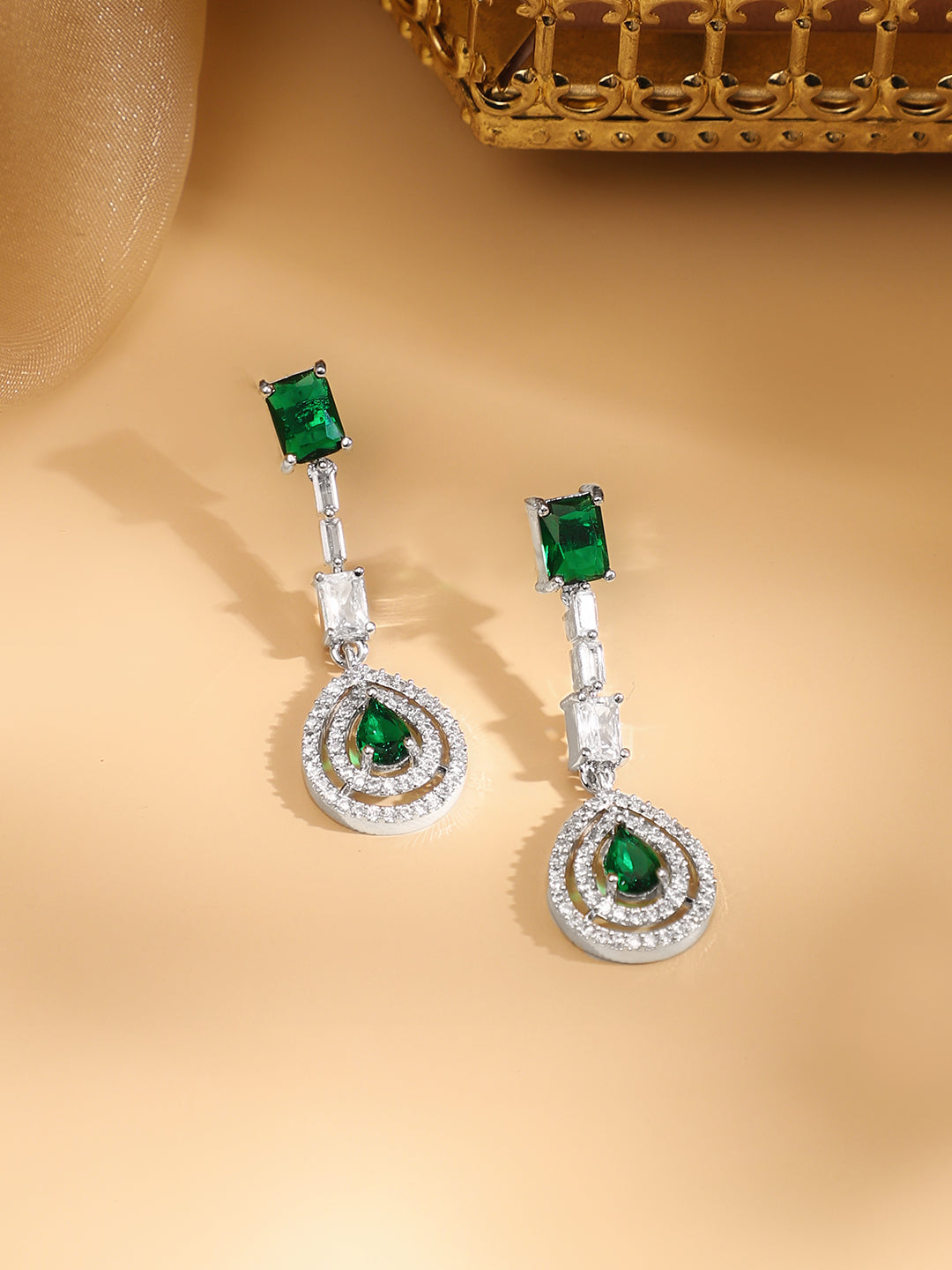 American Diamond Zirconia Studded Teardrop Necklace Set Green