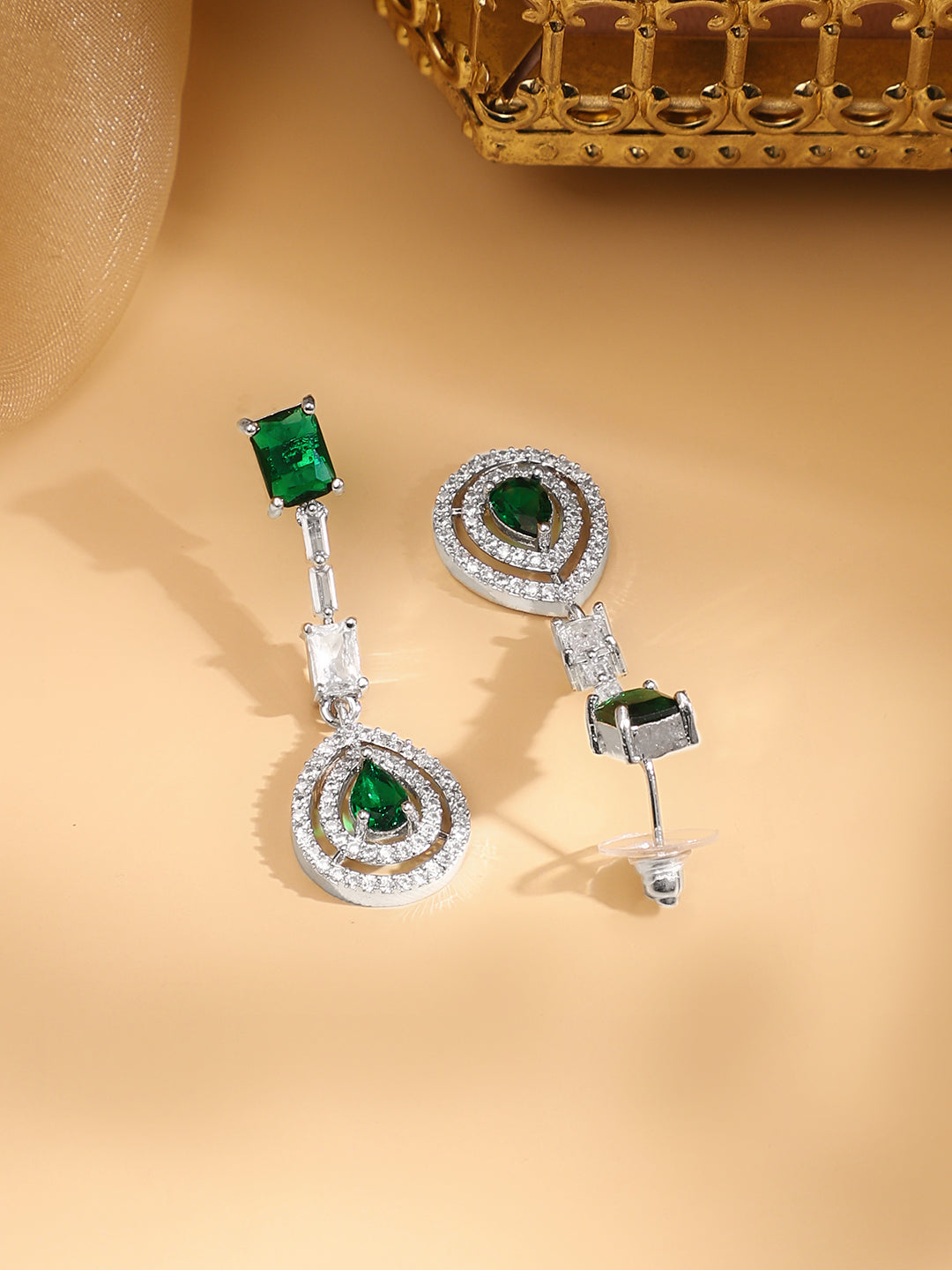American Diamond Zirconia Studded Teardrop Necklace Set Green