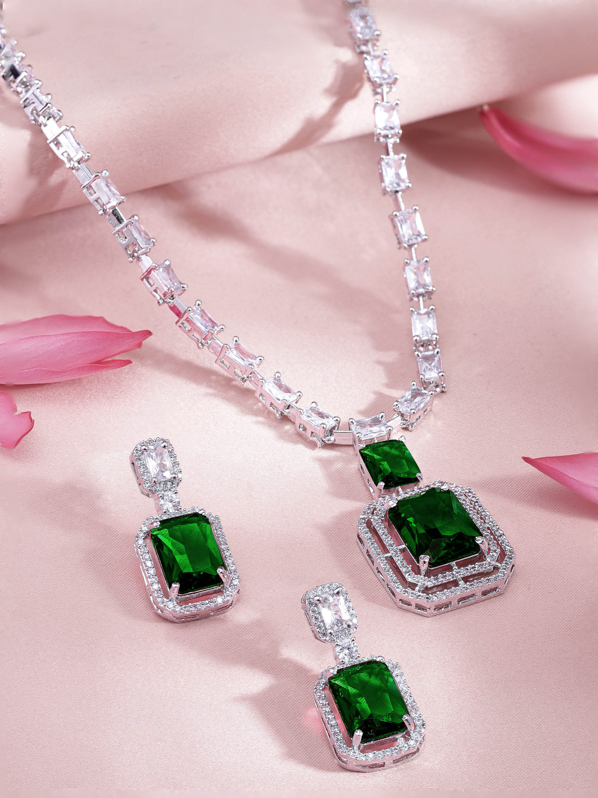 American Diamond Zirconia Cubic Green Necklace Set Green