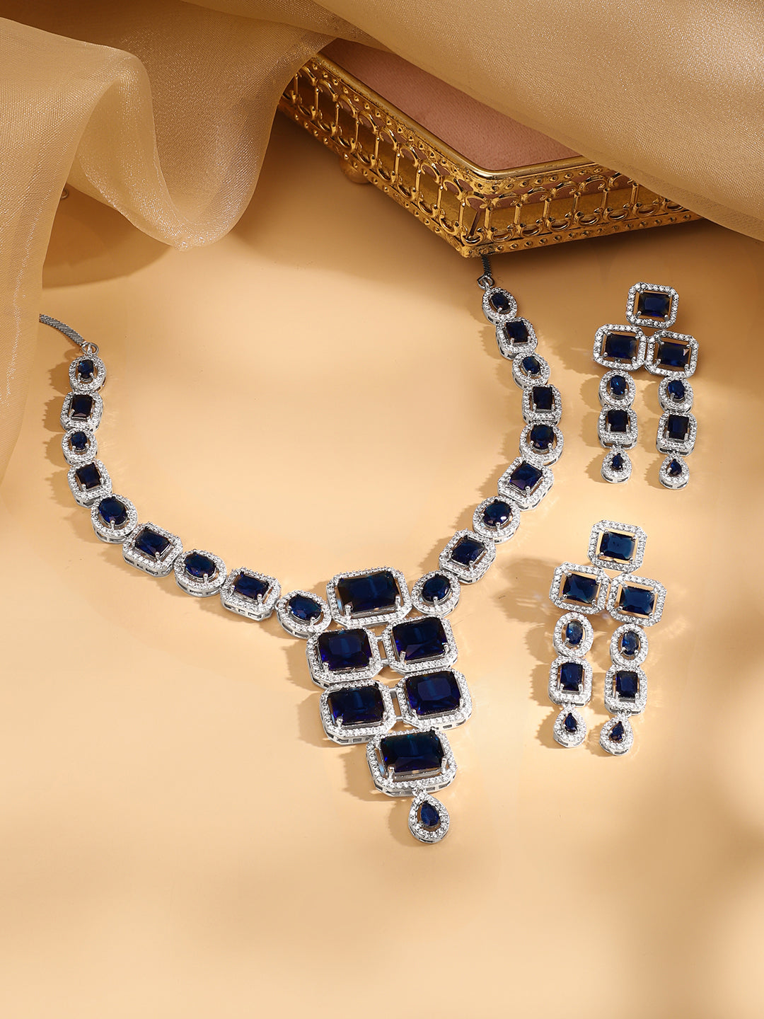Rhodium Plated Blue Sapphire & CubicZirconia Studded Premium Statement Necklace Set Green