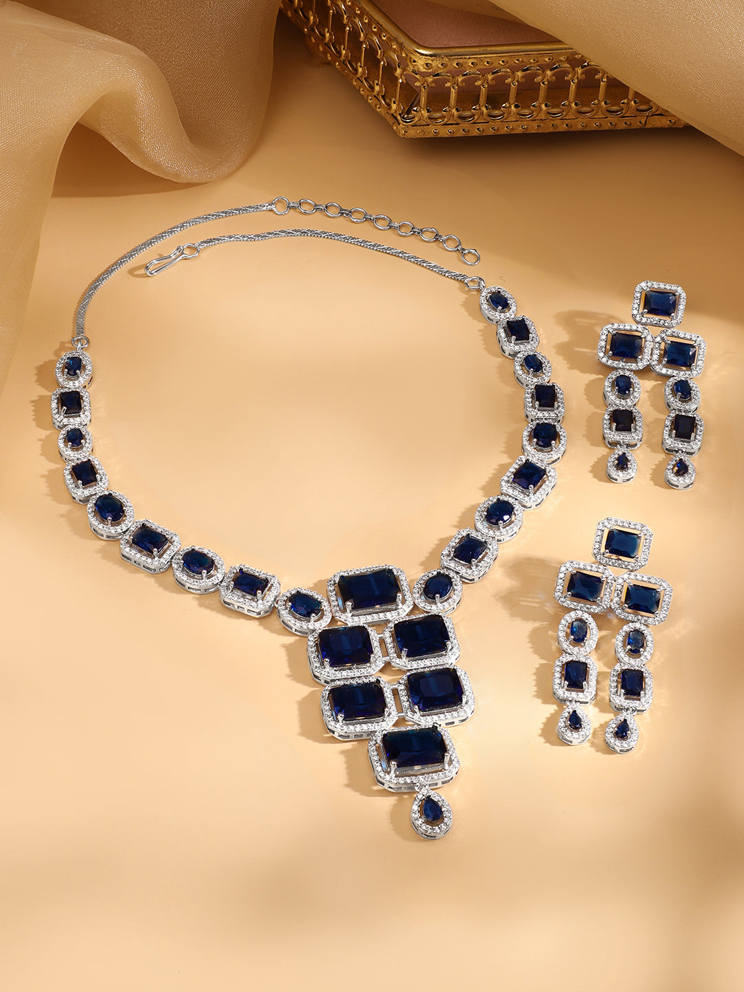 Rhodium Plated Blue Sapphire & CubicZirconia Studded Premium Statement Necklace Set Blue