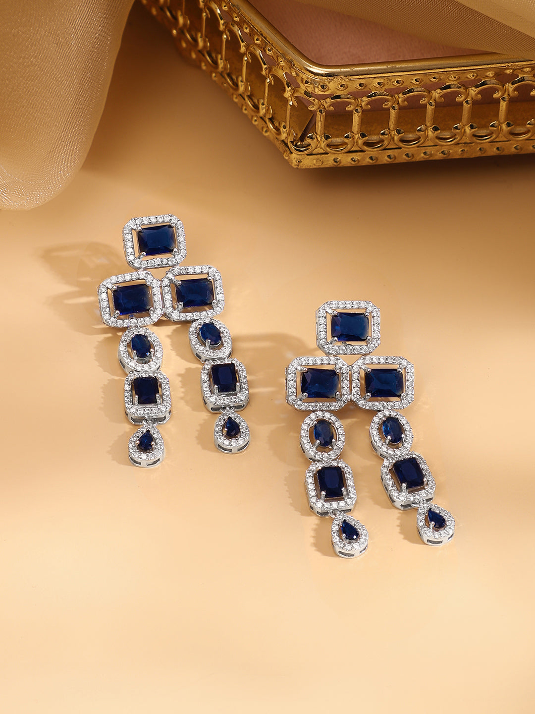 Rhodium Plated Blue Sapphire & CubicZirconia Studded Premium Statement Necklace Set Blue