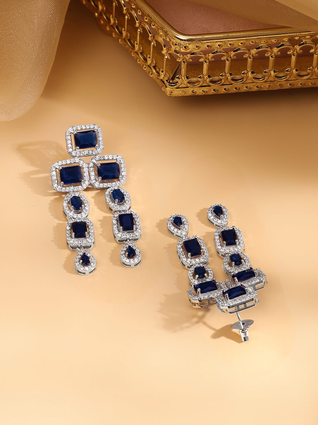 Rhodium Plated Blue Sapphire & CubicZirconia Studded Premium Statement Necklace Set Green